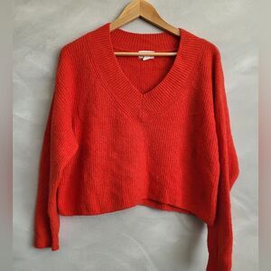 RED RIB CROP VNECK LONG Sleeve Wool Blend Sweater Sz S Open Edit